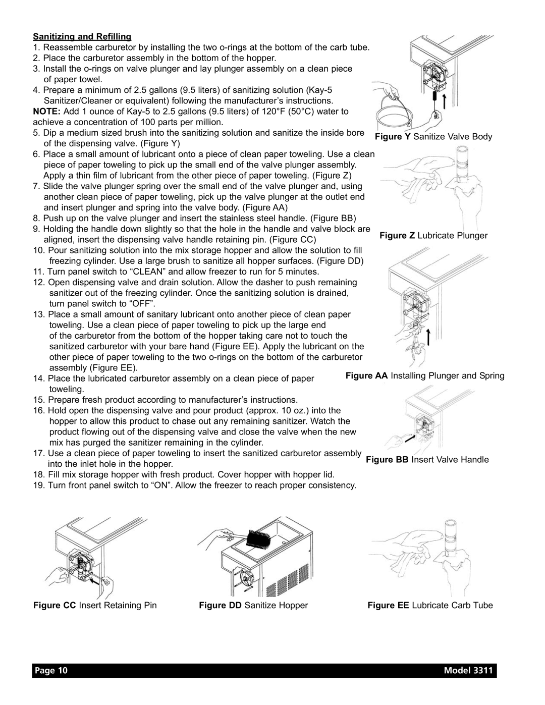 Grindmaster Model 3311 manual Sanitizing and Refilling, Figure CC Insert Retaining Pin, Figure DD Sanitize Hopper, Page 