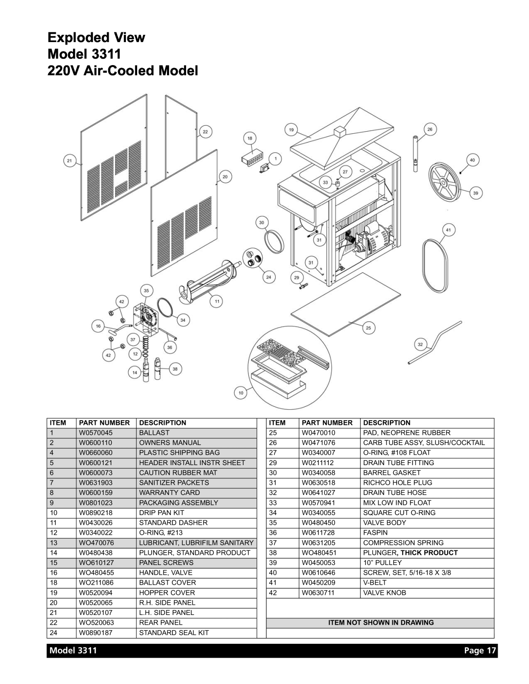 Grindmaster Model 3311 Exploded View Model 220V Air-Cooled Model, Page, Part Number, Description, Plunger, Thick Product 