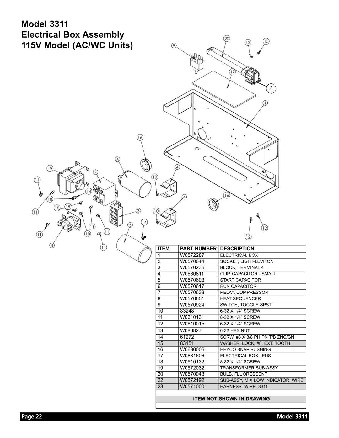 Grindmaster Model 3311 manual Model Electrical Box Assembly 115V Model AC/WC Units, Page, Part Number, Description 