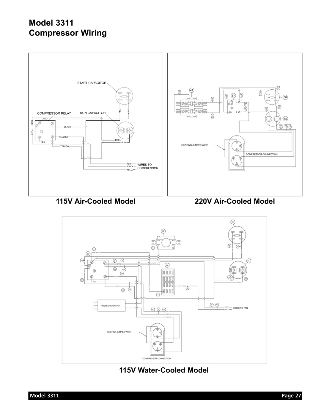 Grindmaster Model 3311 Compressor Wiring, 115V Air-Cooled Model, 115V Water-Cooled Model, 220V Air-Cooled Model, Page 