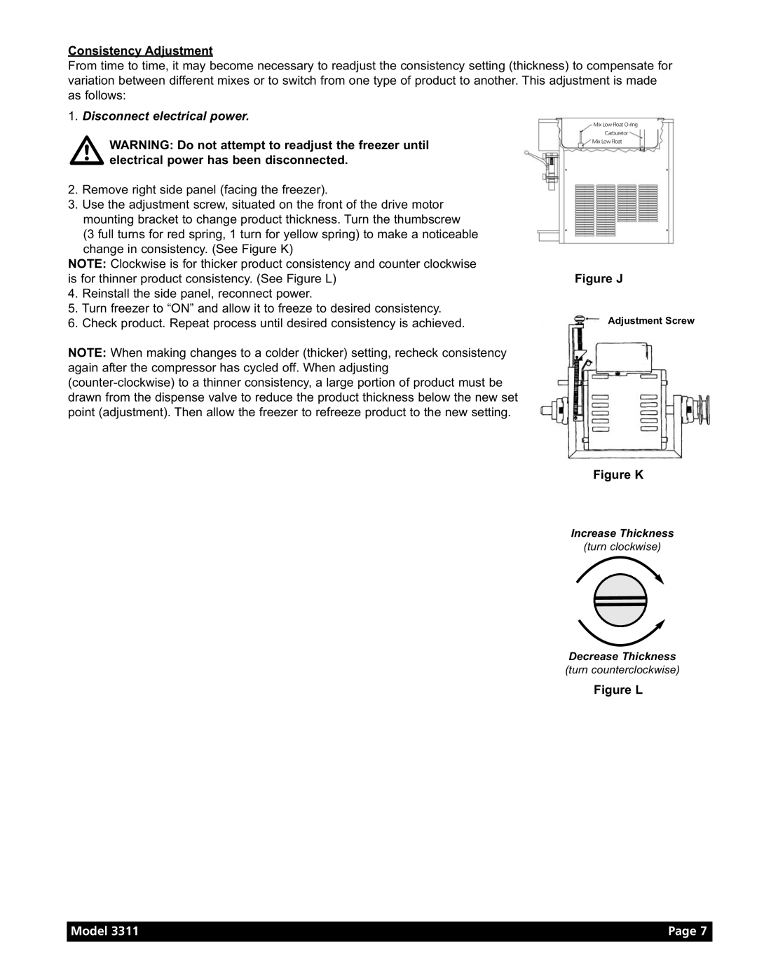 Grindmaster Model 3311 manual Consistency Adjustment, Disconnect electrical power, Figure J, Figure K, Figure L, Page 