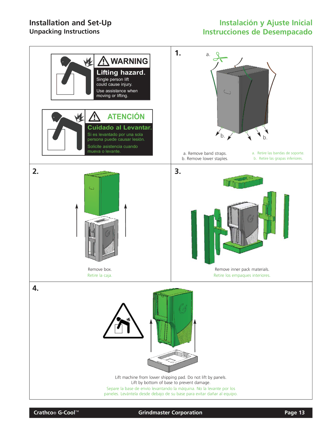 Grindmaster Model CC-326-03 manual Installation and Set-Up, Remove lower staples, Remove box. Retire la caja 