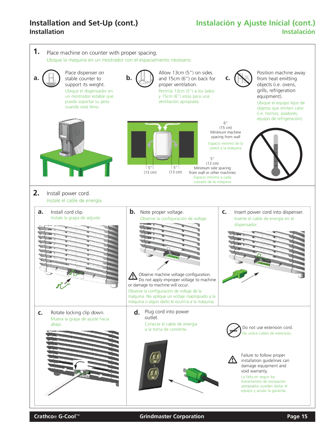 Grindmaster Model CC-326-03 manual Proper ventilation, Install cord clip Insert power cord into dispenser, Outlet 