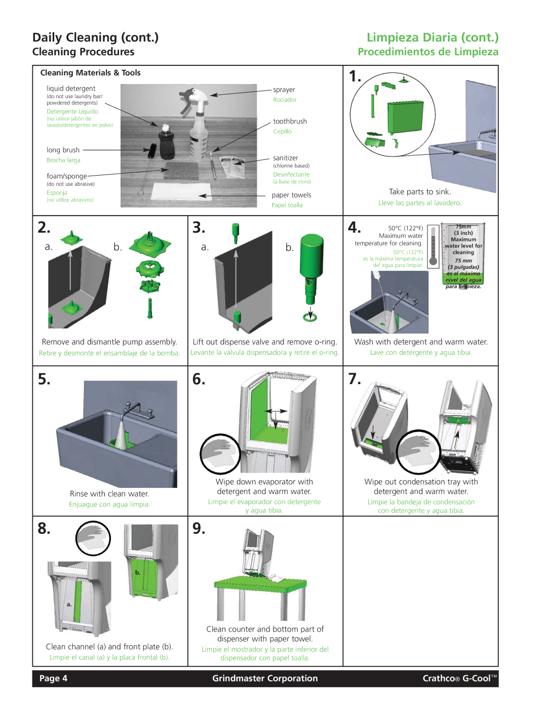 Grindmaster Model CC-326-03 manual Procedimientos de Limpieza, Cleaning Materials & Tools 