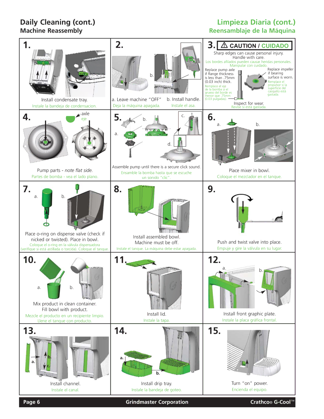 Grindmaster Model CC-326-03 manual Reensamblaje de la Máquina, Install condensate tray, Axle, Install front graphic plate 