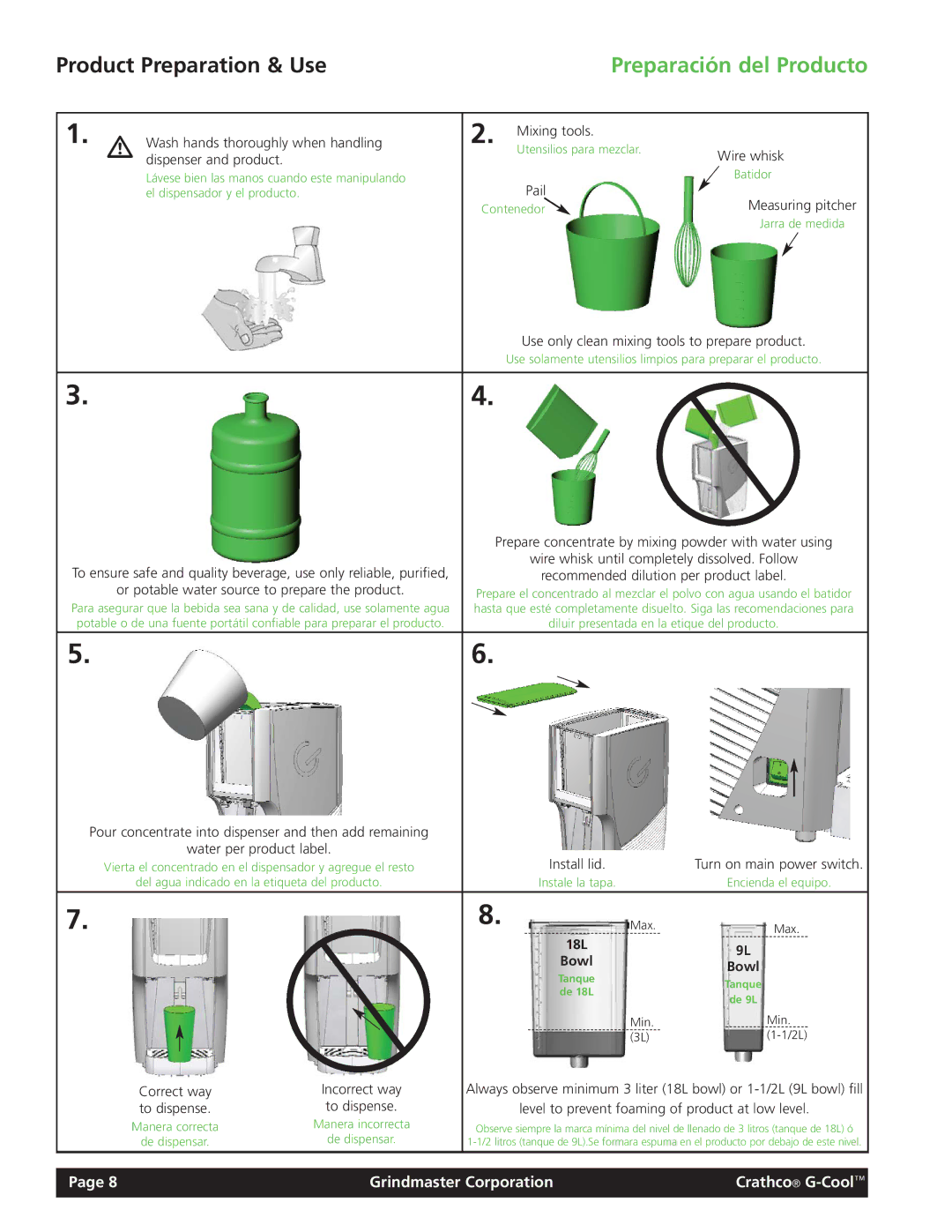 Grindmaster Model CC-326-03 manual Product Preparation & Use, Preparación del Producto, Pail 