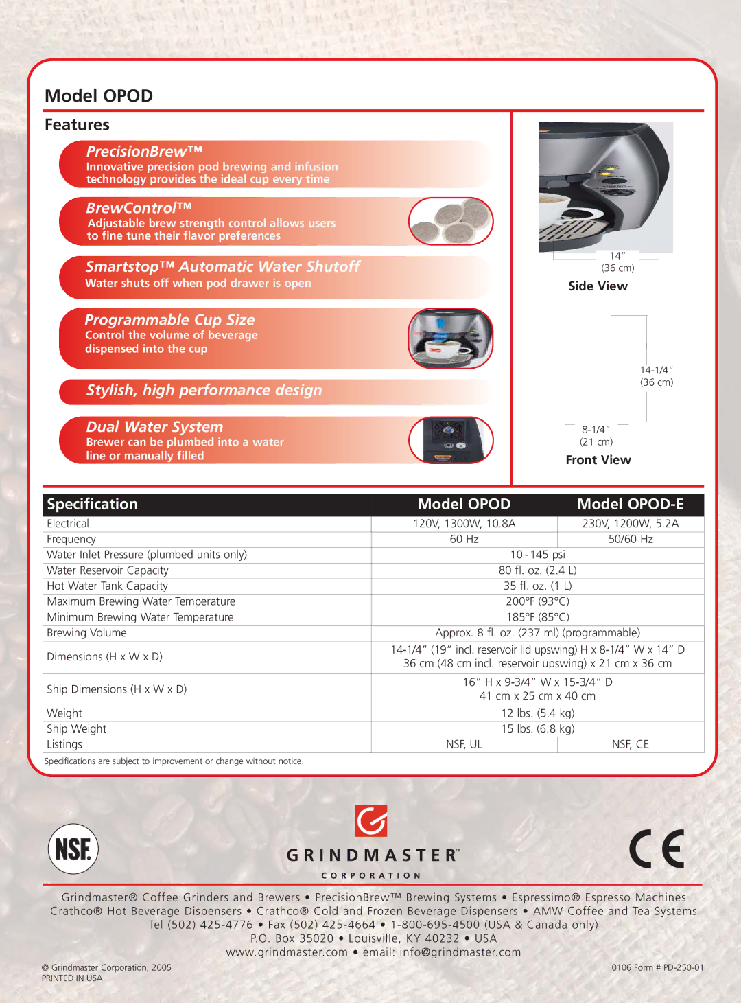 Grindmaster OPOD-E manual Model Opod 