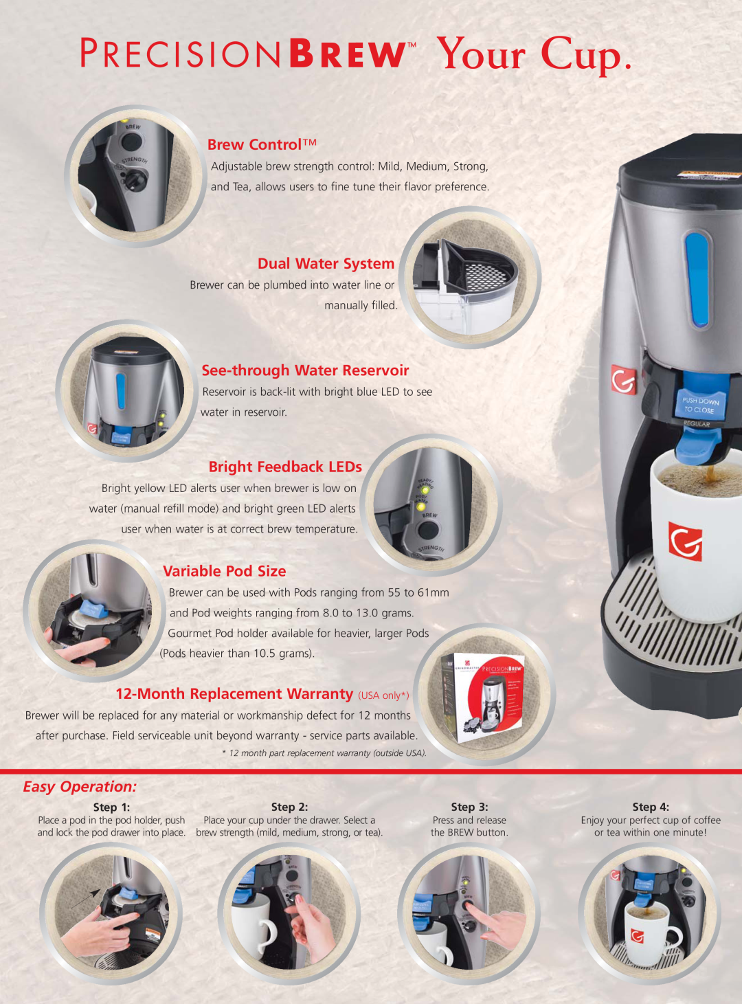Grindmaster OPOD-E manual Your Cup, Brew Control, Dual Water System, See-throughWater Reservoir, Bright Feedback LEDs, Step 
