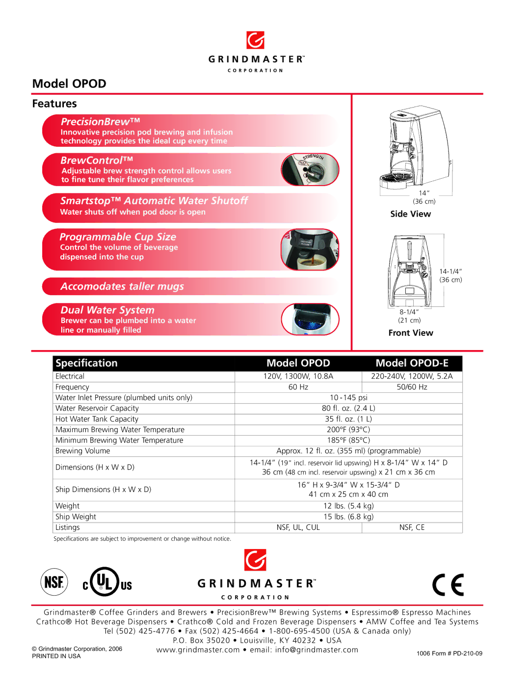 Grindmaster OPOD warranty Features 