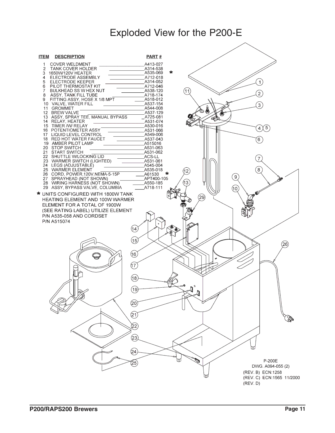 Grindmaster P200E, RAPS200E instruction manual Exploded View for the P200-E 