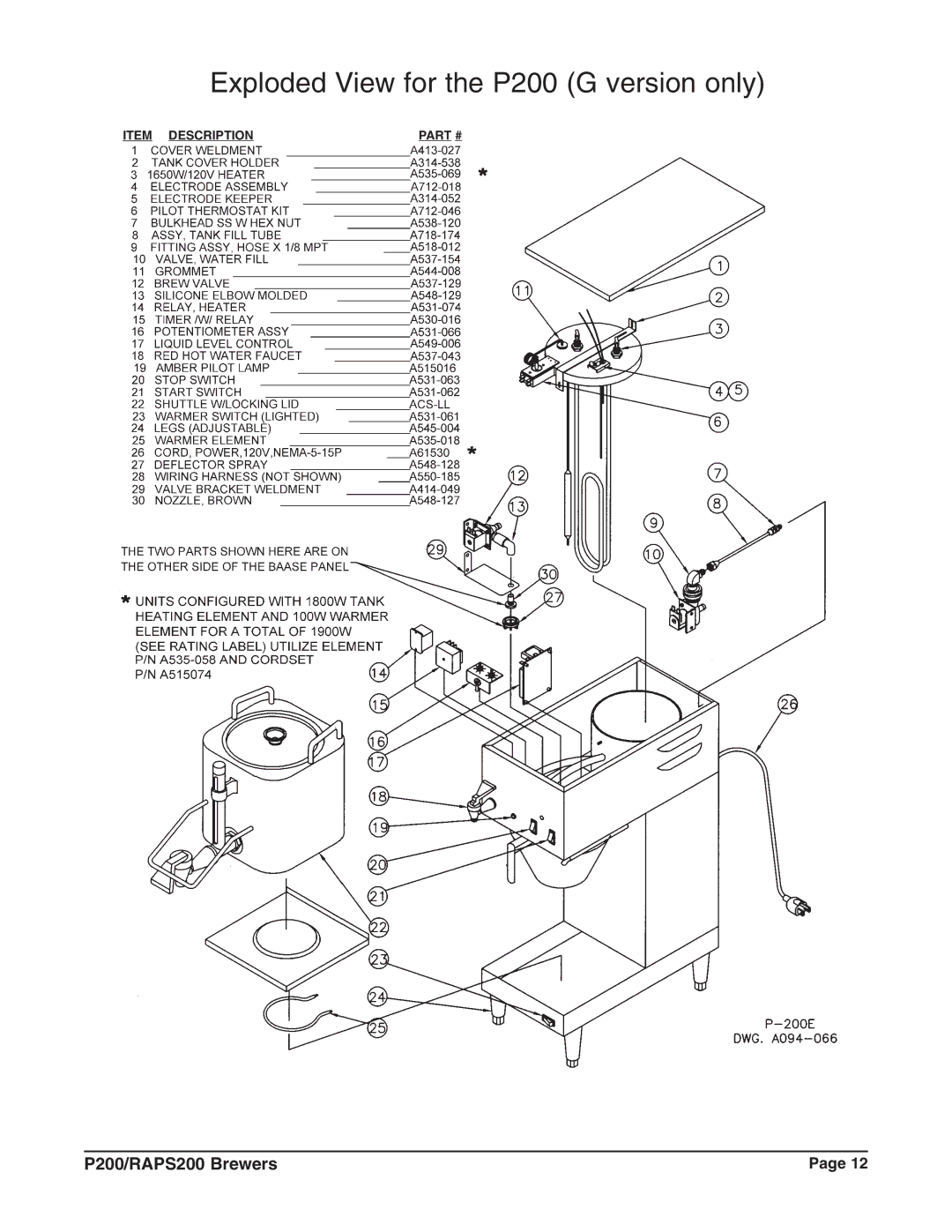 Grindmaster RAPS200E, P200E instruction manual Exploded View for the P200 G version only 