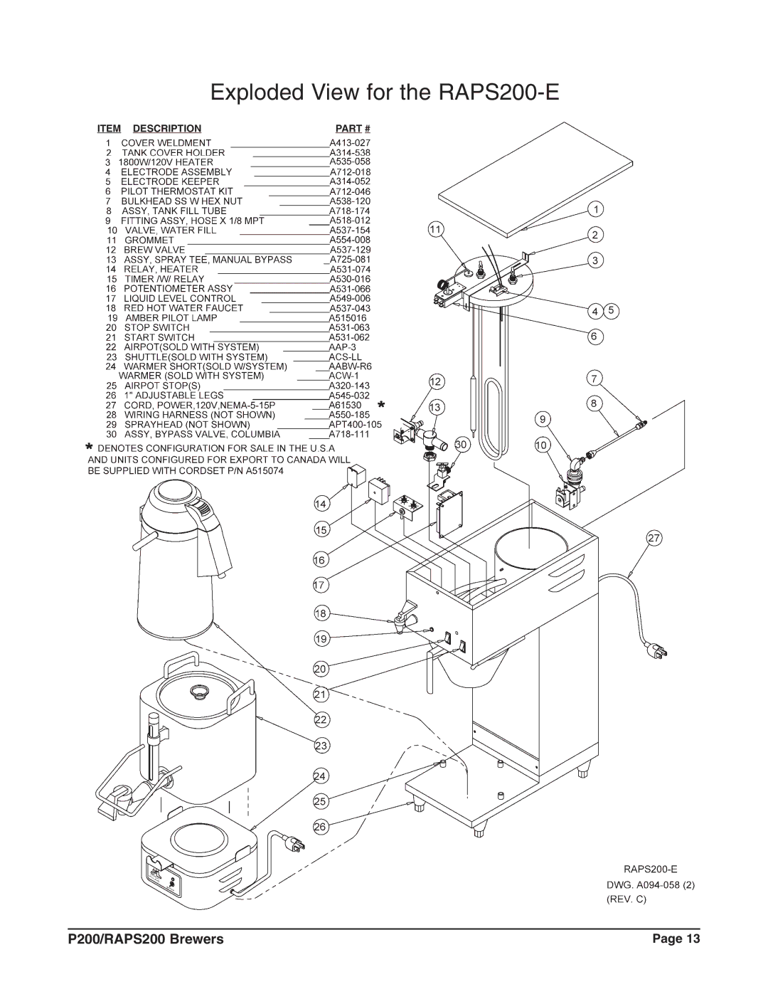 Grindmaster P200E, RAPS200E instruction manual Exploded View for the RAPS200-E 