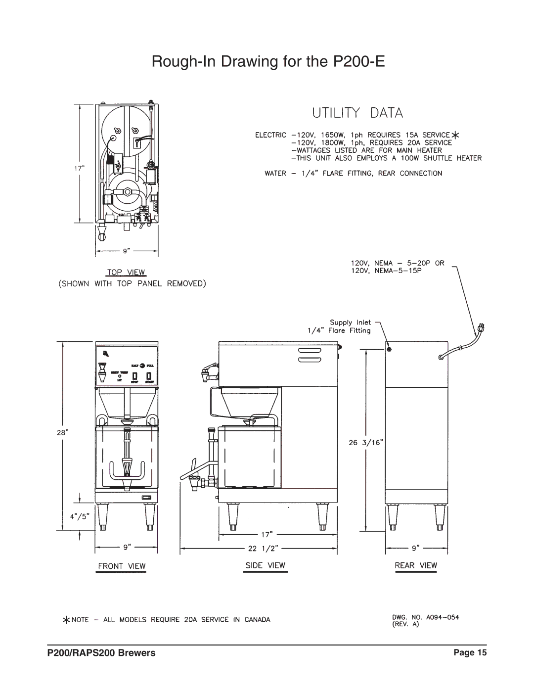 Grindmaster P200E, RAPS200E instruction manual Rough-In Drawing for the P200-E 