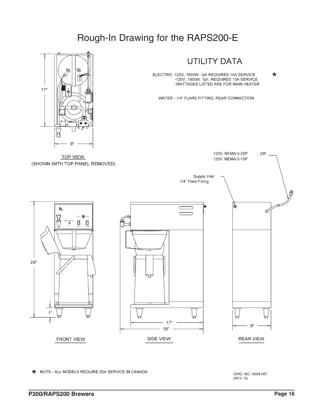 Grindmaster RAPS200E, P200E instruction manual Rough-In Drawing for the RAPS200-E 