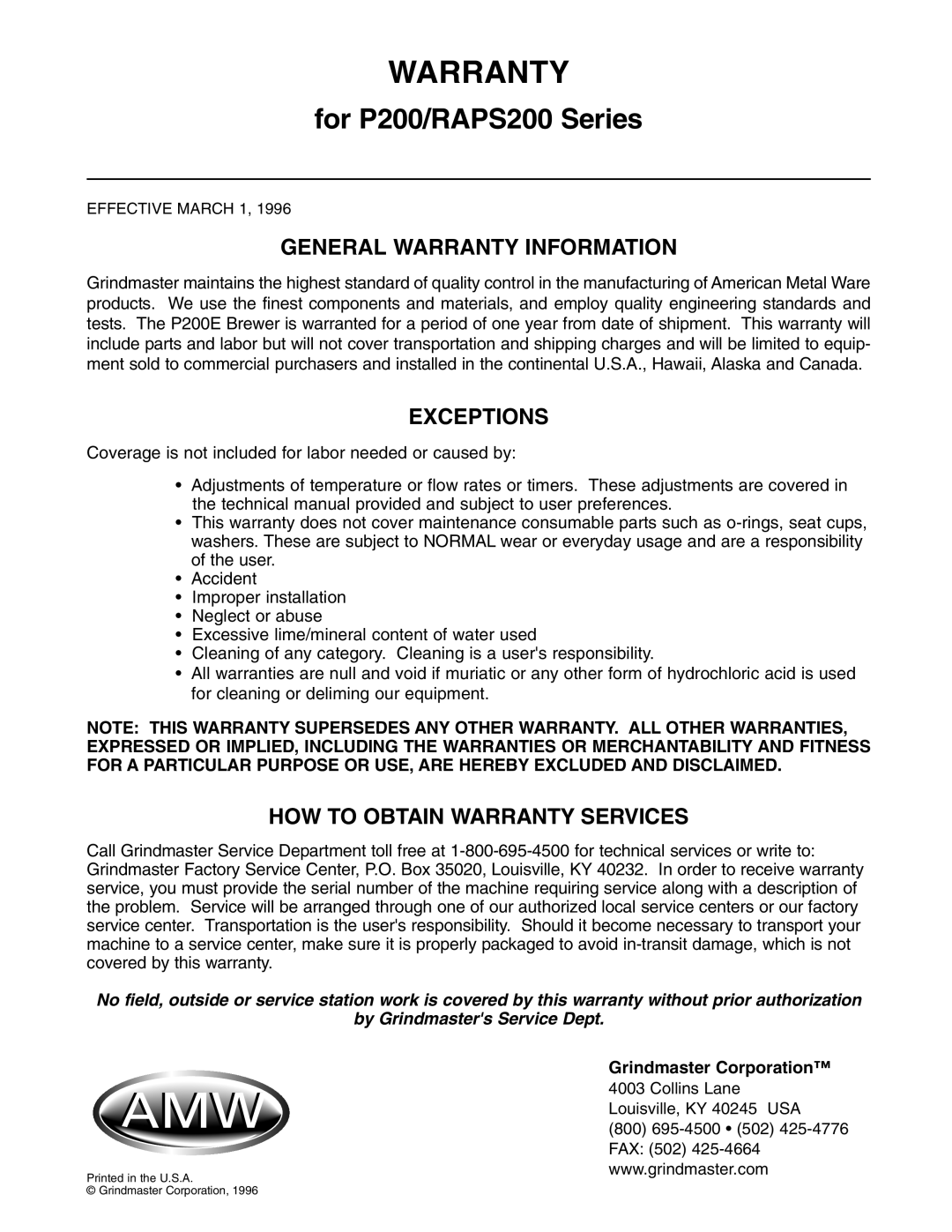 Grindmaster P200E, RAPS200E instruction manual Warranty, Grindmaster Corporation 