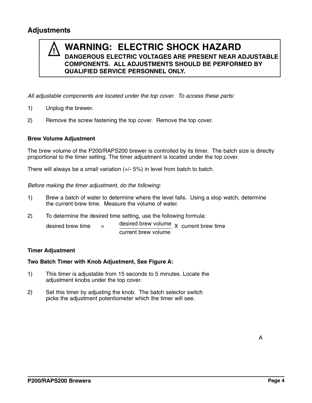 Grindmaster RAPS200E, P200E instruction manual Adjustments, Brew Volume Adjustment 