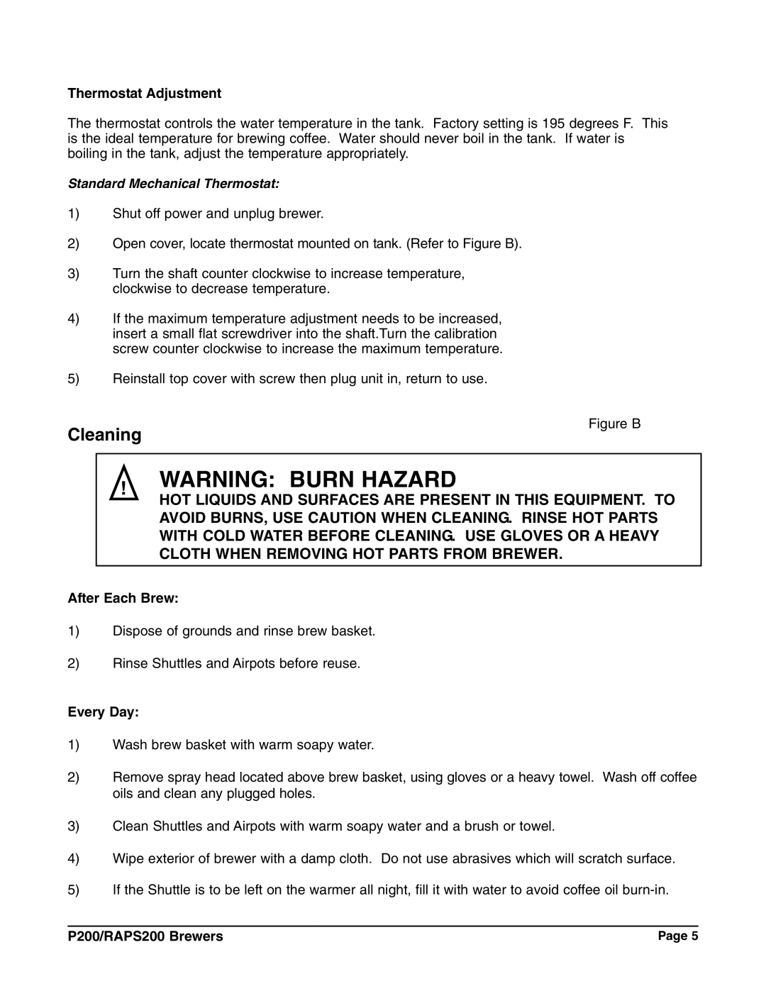 Grindmaster P200E, RAPS200E instruction manual Cleaning, Thermostat Adjustment, After Each Brew, Every Day 