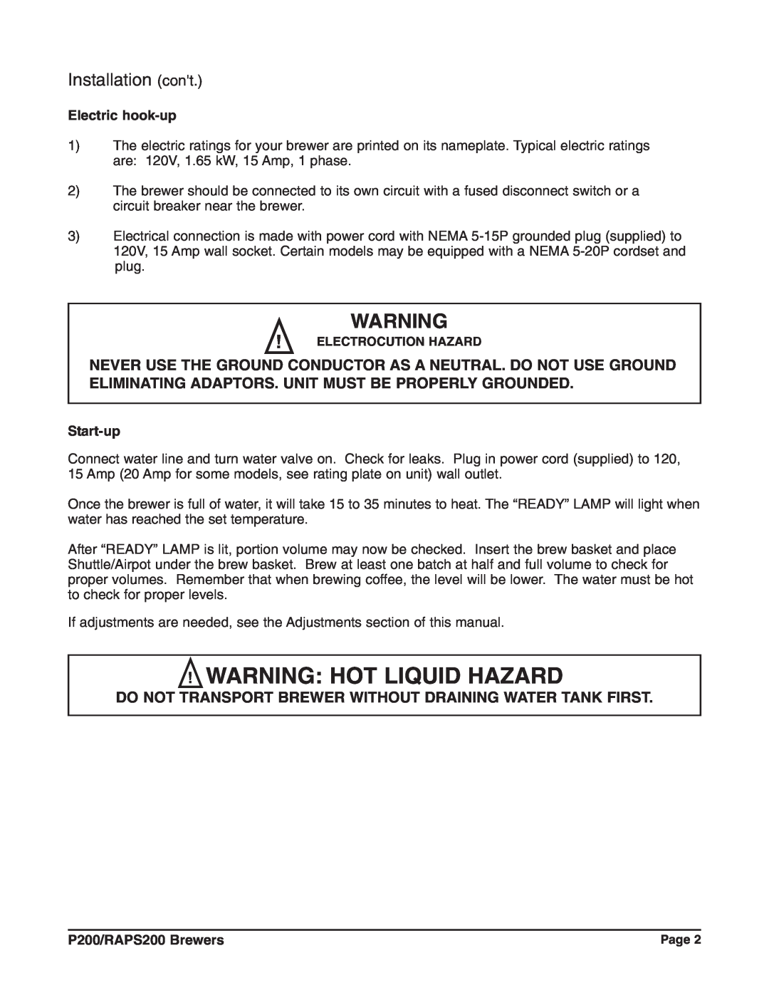 Grindmaster RAPS200E, P200E instruction manual Warning Hot Liquid Hazard, Warningwarning, Installation cont 