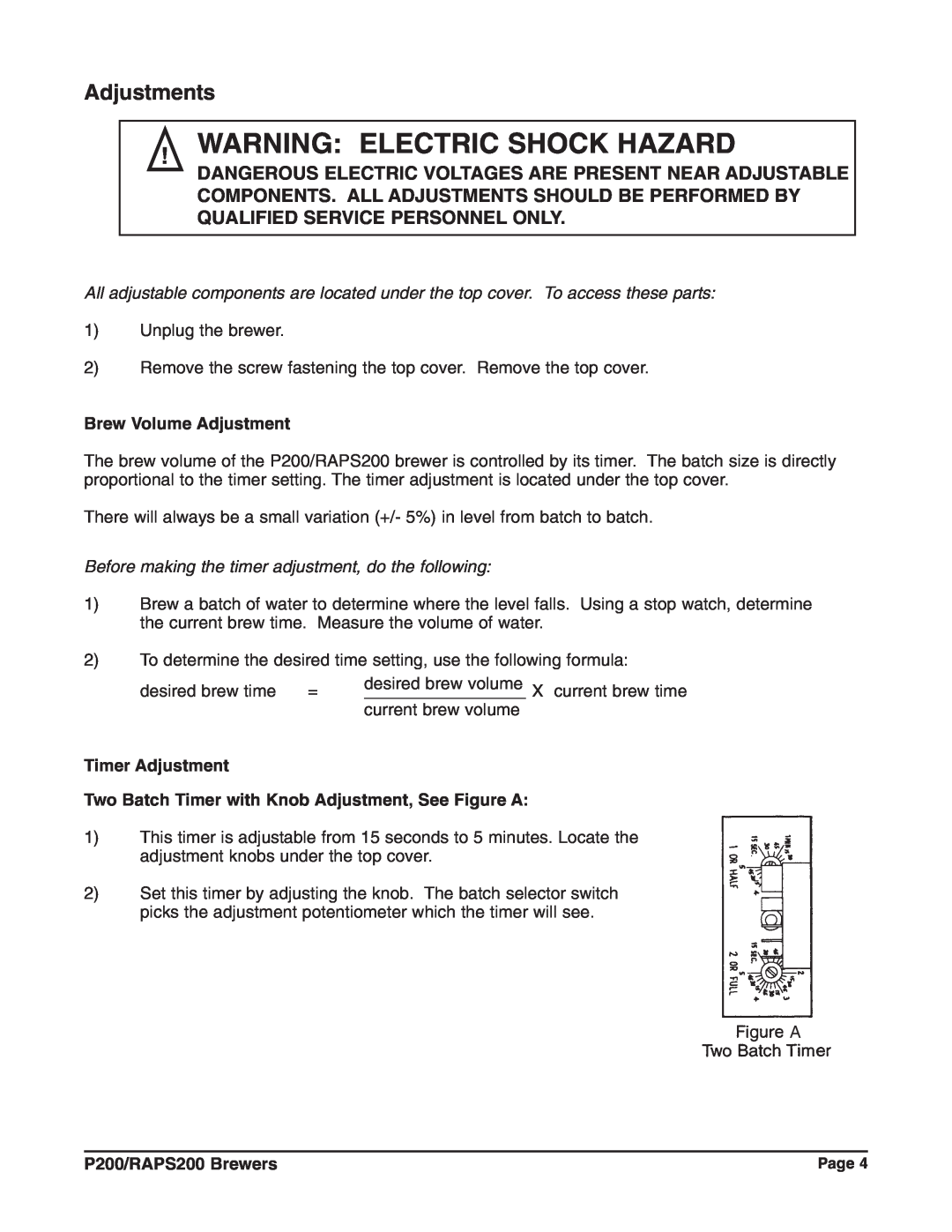 Grindmaster RAPS200E, P200E Warning Electric Shock Hazard, Adjustments, Brew Volume Adjustment, Timer Adjustment 