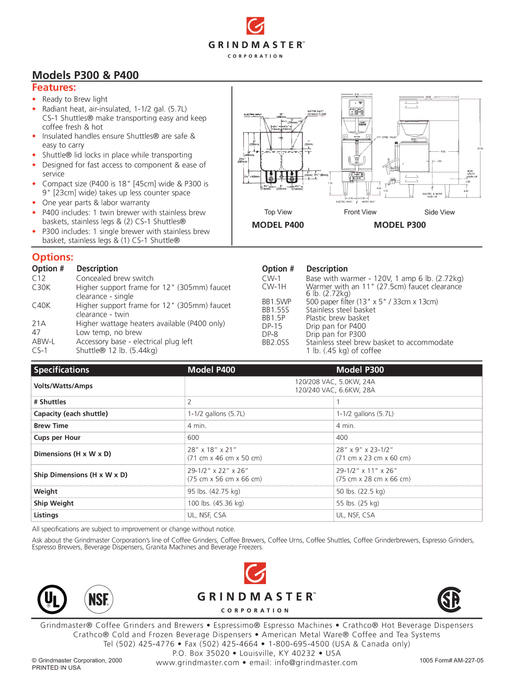 Grindmaster P300, P400 manual Features, Options 