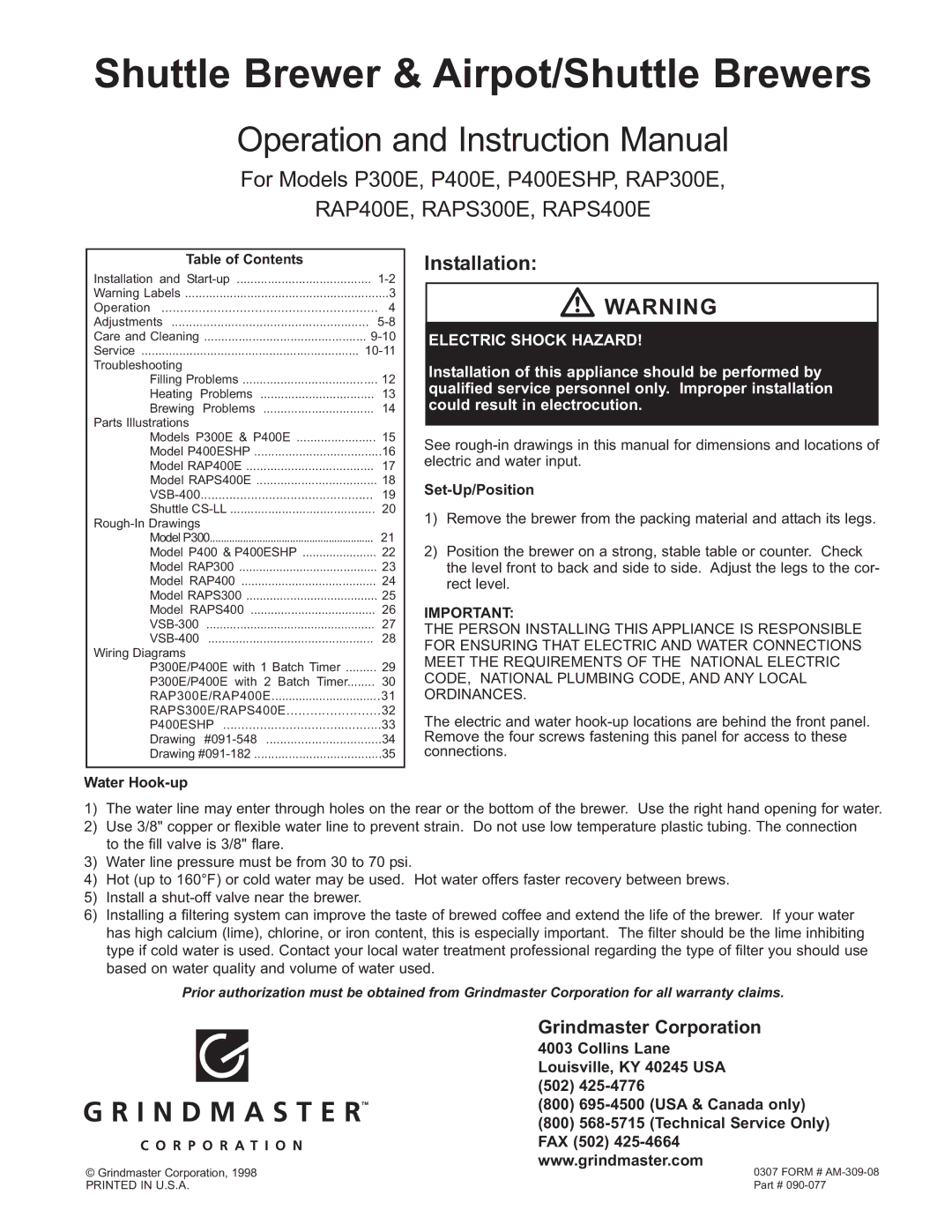 Grindmaster P400ESHP instruction manual Shuttle Brewer & Airpot/Shuttle Brewers 