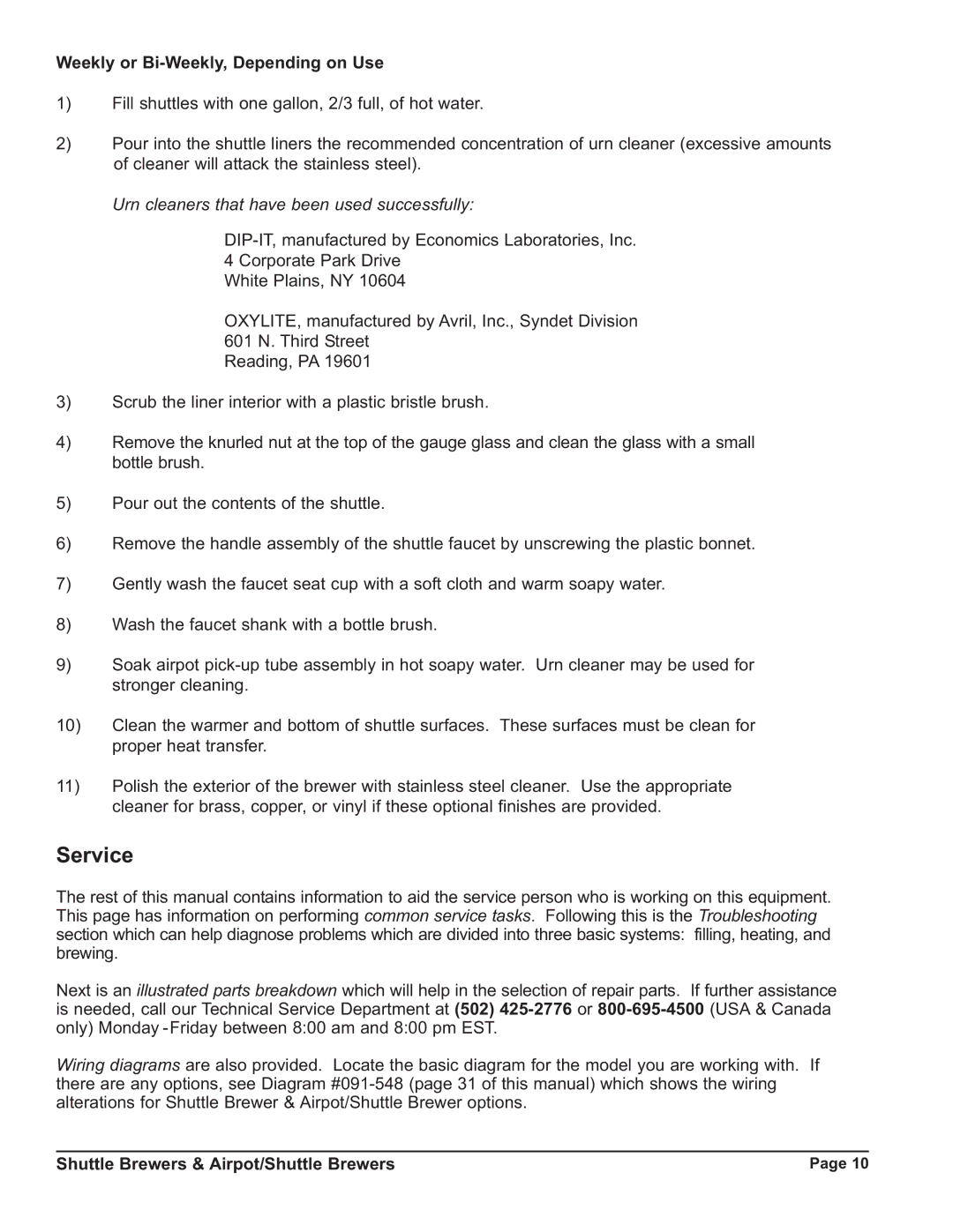 Grindmaster P400ESHP instruction manual Service, Weekly or Bi-Weekly, Depending on Use 