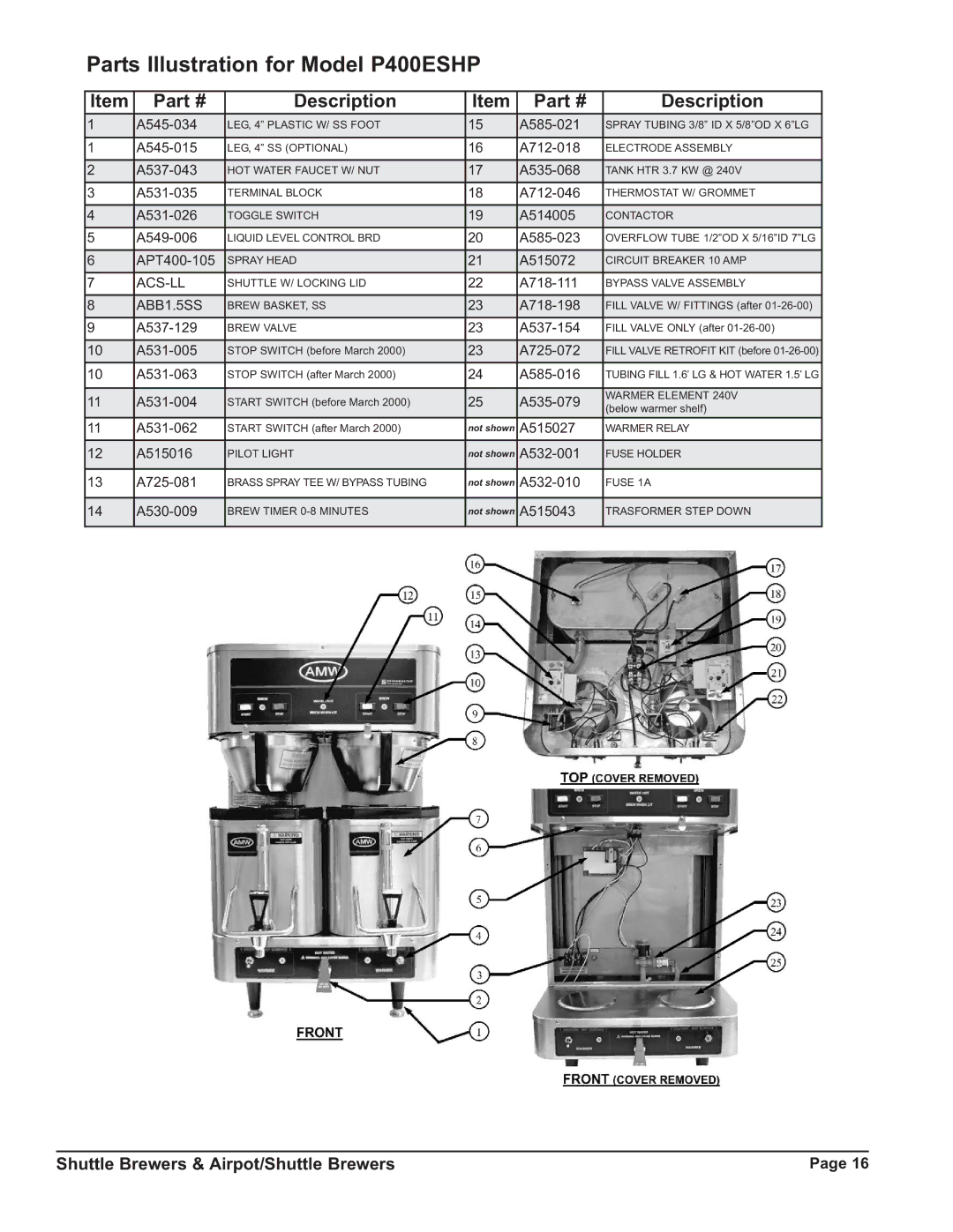 Grindmaster instruction manual Parts Illustration for Model P400ESHP 