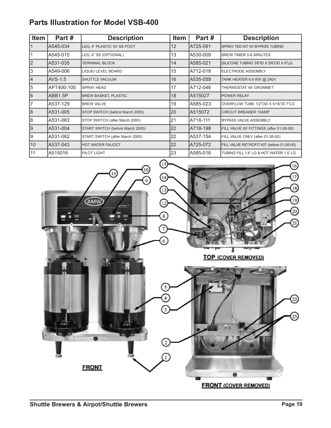 Grindmaster P400ESHP instruction manual Parts Illustration for Model VSB-400 