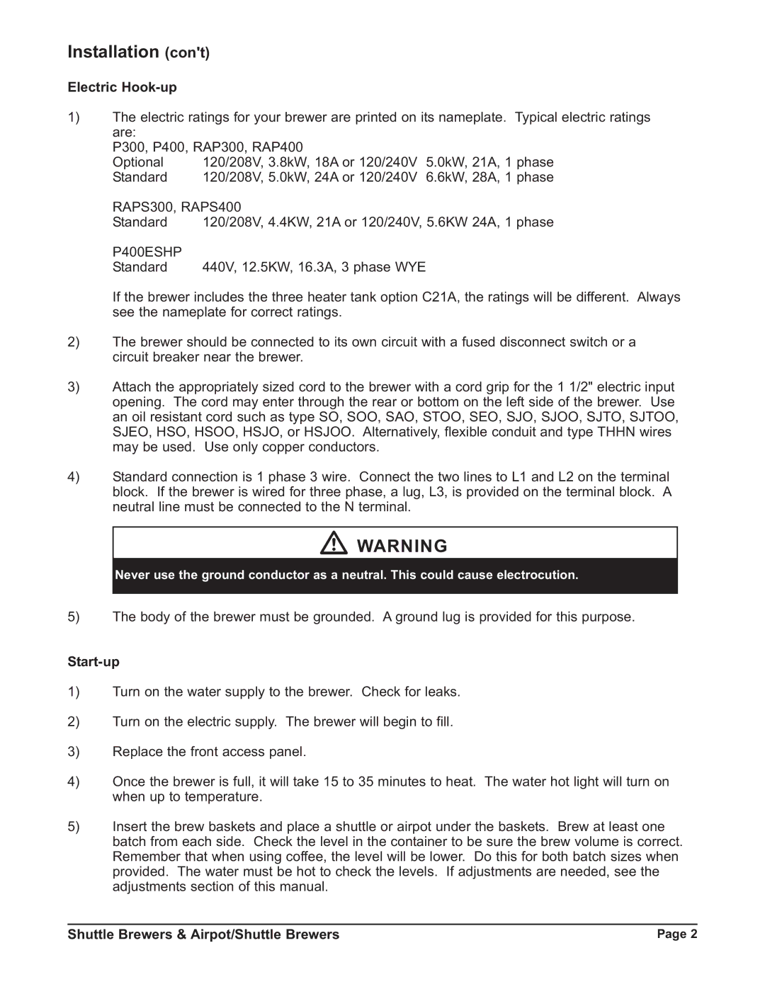Grindmaster P400ESHP instruction manual Installation, Electric Hook-up, Start-up, Shuttle Brewers & Airpot/Shuttle Brewers 