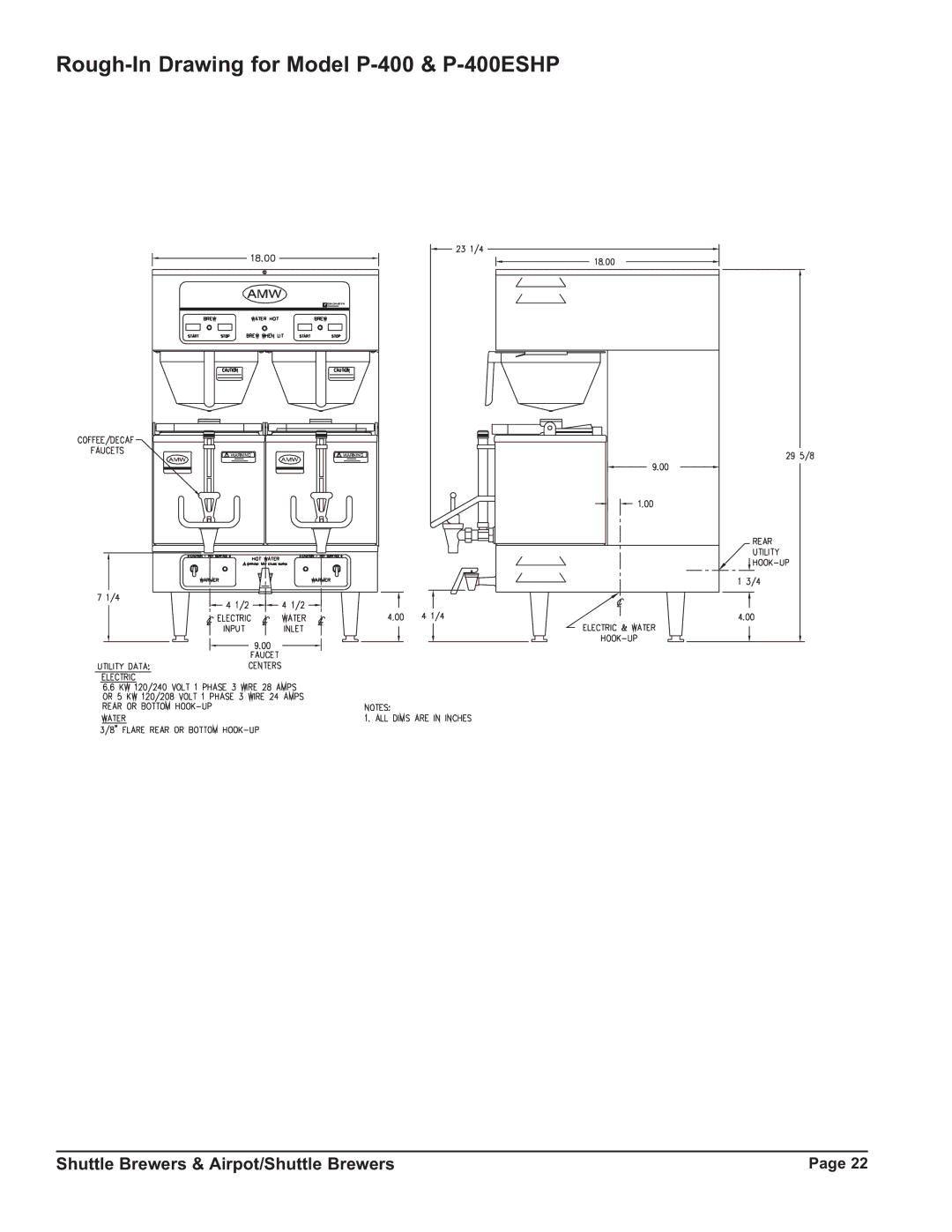 Grindmaster P400ESHP instruction manual Rough-In Drawing for Model P-400 & P-400ESHP 