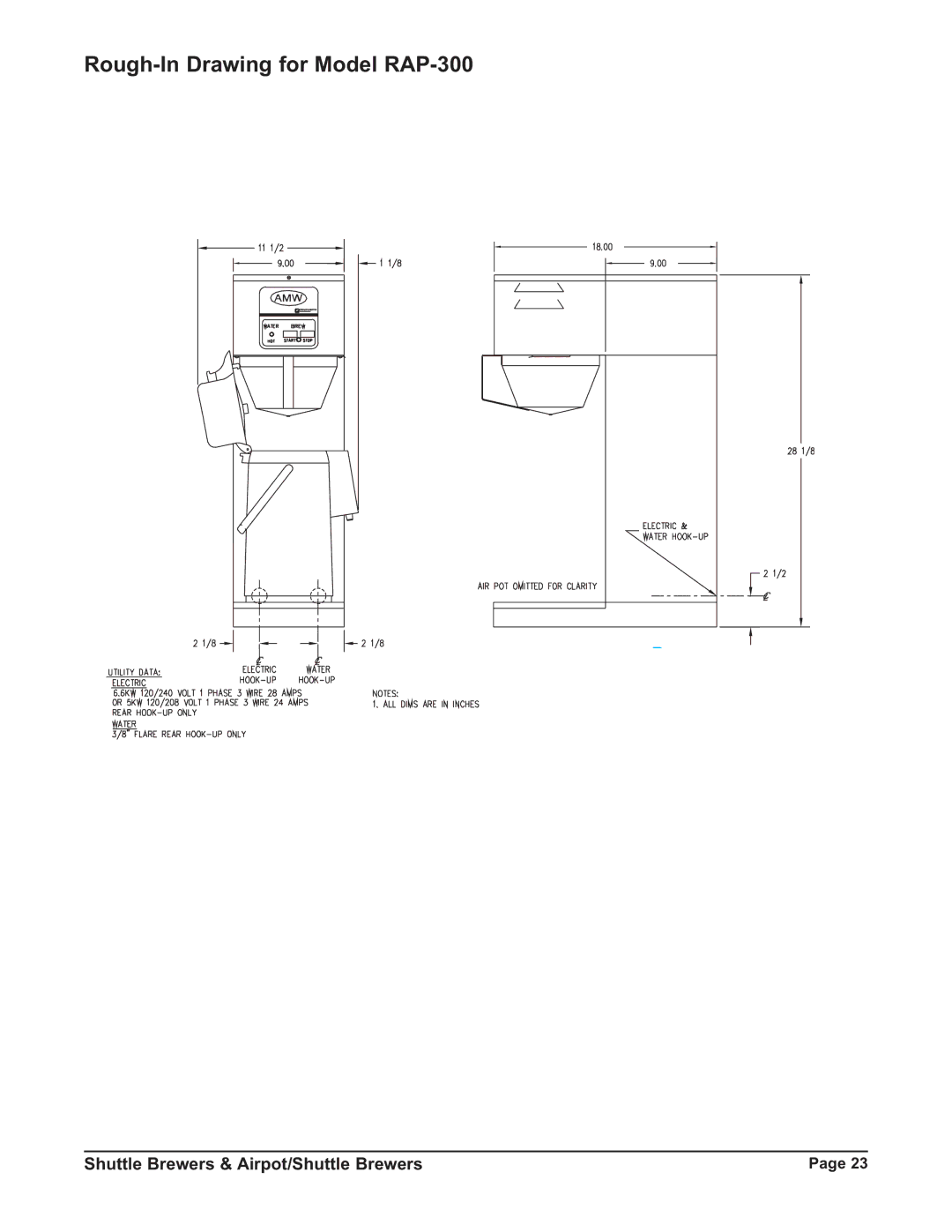 Grindmaster P400ESHP instruction manual Rough-In Drawing for Model RAP-300 