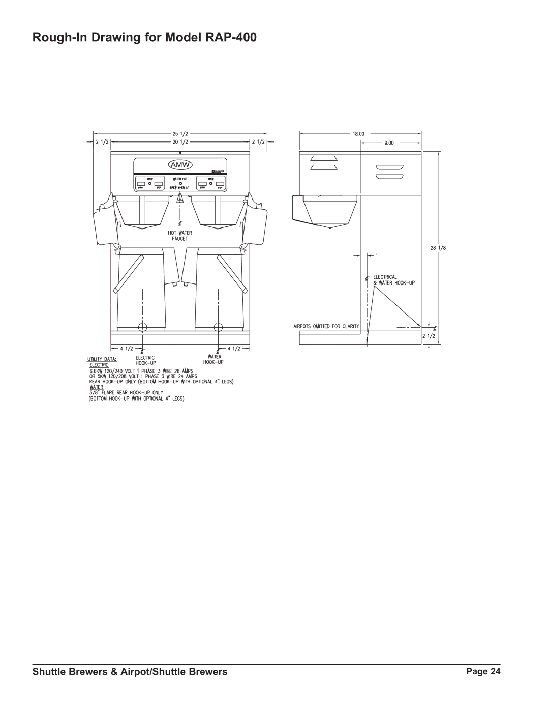 Grindmaster P400ESHP instruction manual Rough-In Drawing for Model RAP-400 