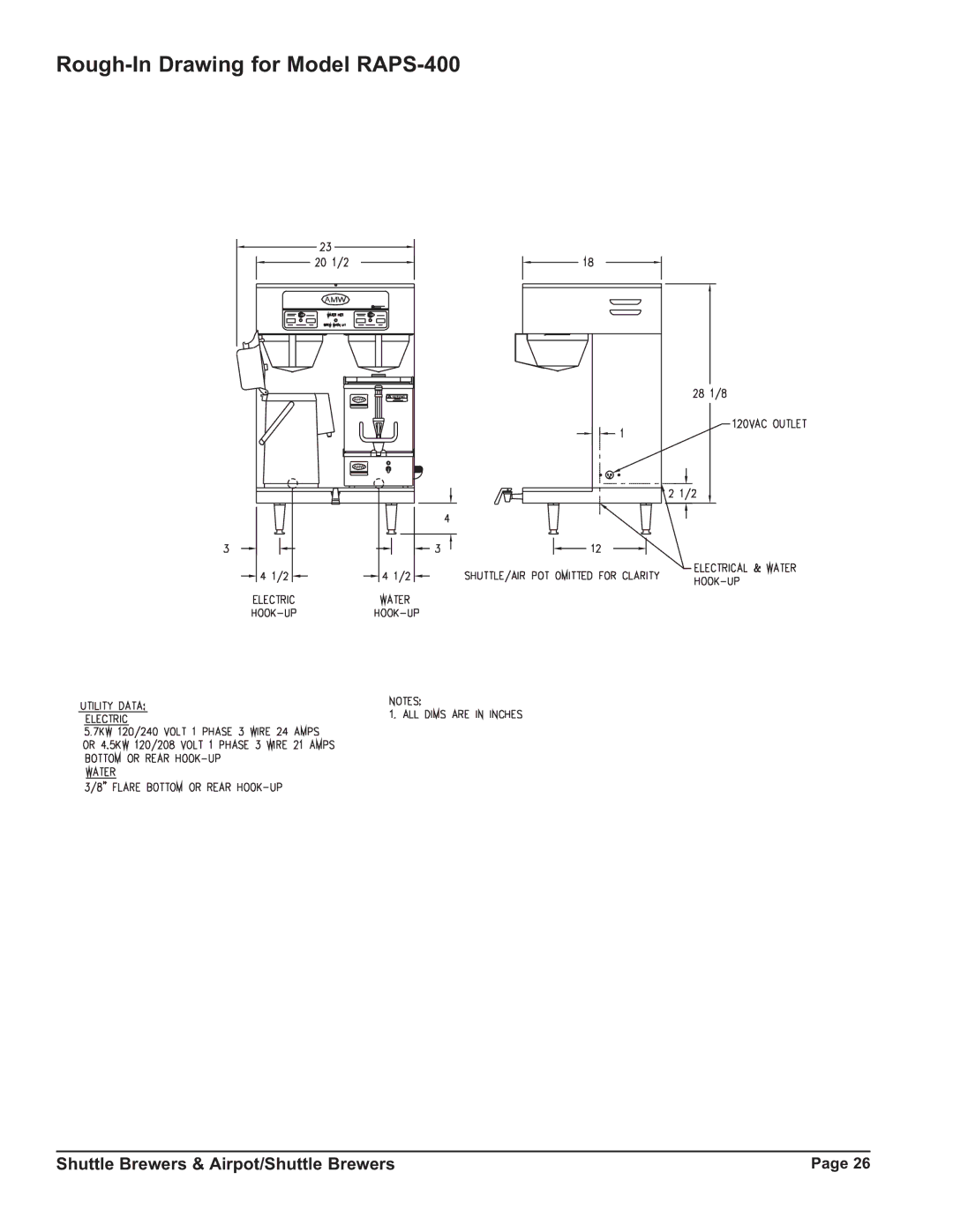 Grindmaster P400ESHP instruction manual Rough-In Drawing for Model RAPS-400 