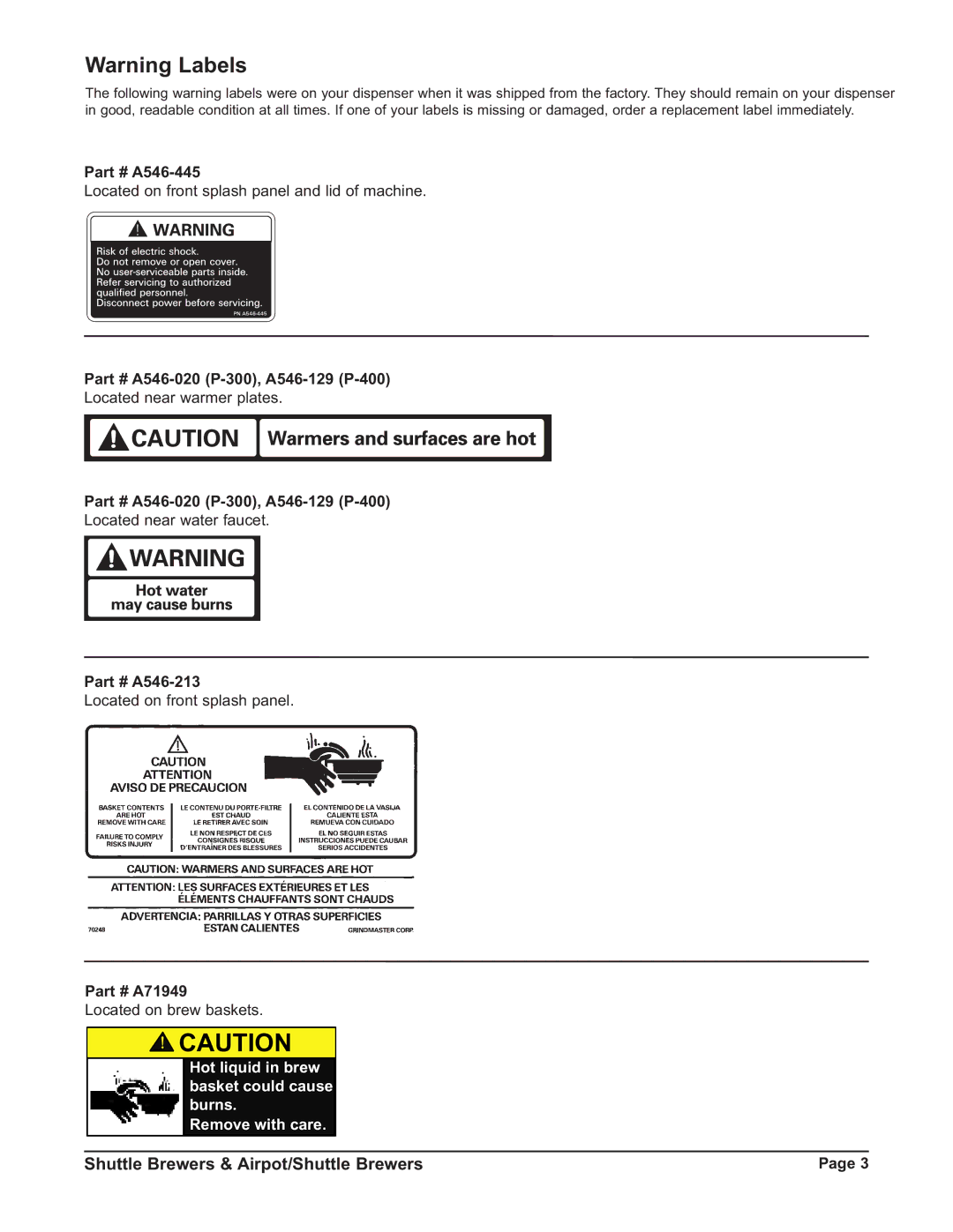 Grindmaster P400ESHP instruction manual Hot liquid in brew basket could cause burns Remove with care 