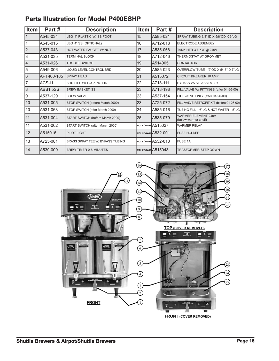 Grindmaster Parts Illustration for Model P400ESHP, Description, Shuttle Brewers & Airpot/Shuttle Brewers 