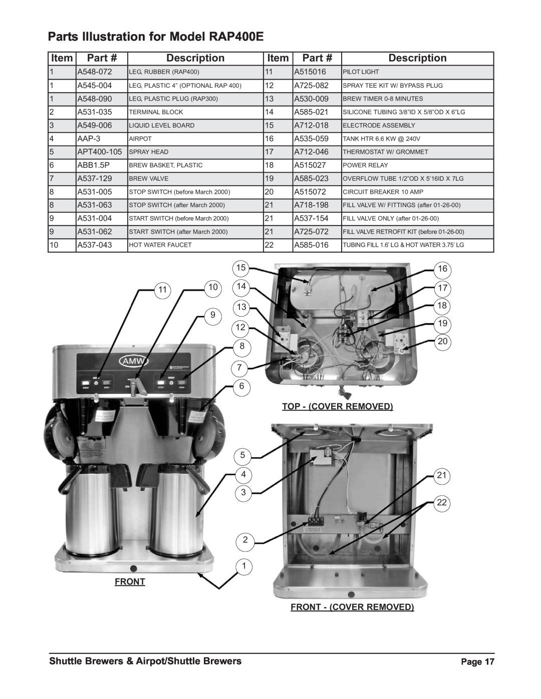 Grindmaster P400ESHP Parts Illustration for Model RAP400E, Description, Shuttle Brewers & Airpot/Shuttle Brewers 