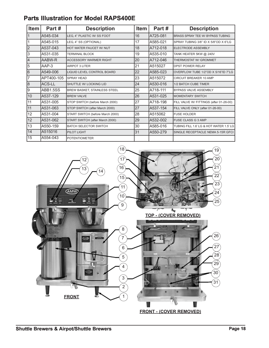 Grindmaster P400ESHP Parts Illustration for Model RAPS400E, Front, Description, Shuttle Brewers & Airpot/Shuttle Brewers 