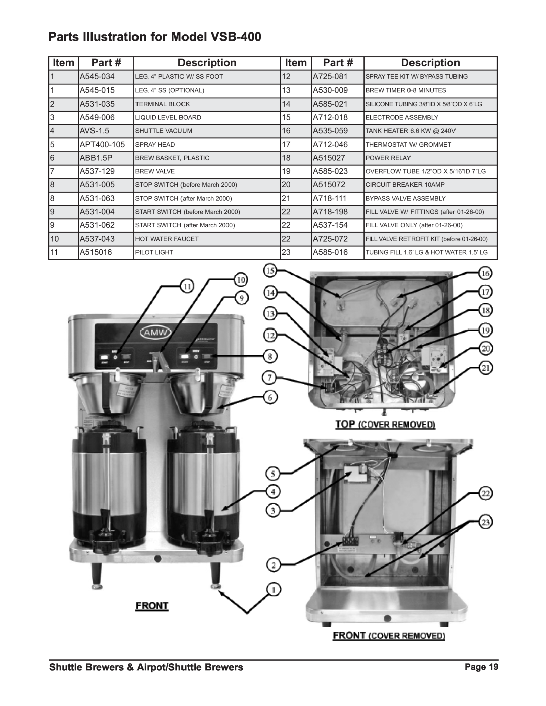 Grindmaster P400ESHP Parts Illustration for Model VSB-400, Description, Shuttle Brewers & Airpot/Shuttle Brewers, Page 