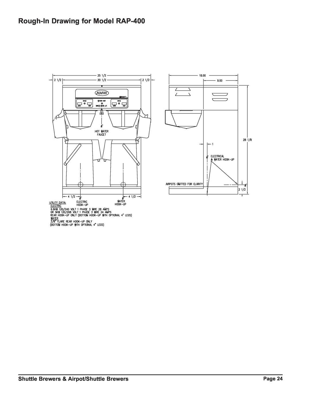 Grindmaster P400ESHP instruction manual Rough-In Drawing for Model RAP-400, Shuttle Brewers & Airpot/Shuttle Brewers 