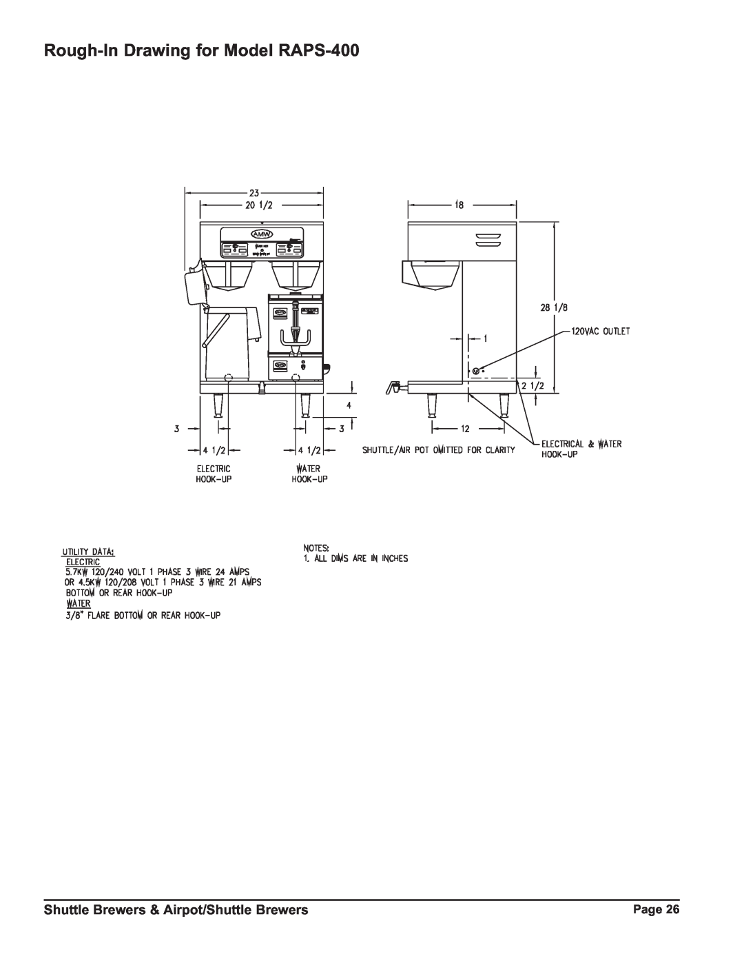 Grindmaster P400ESHP instruction manual Rough-In Drawing for Model RAPS-400, Shuttle Brewers & Airpot/Shuttle Brewers, Page 