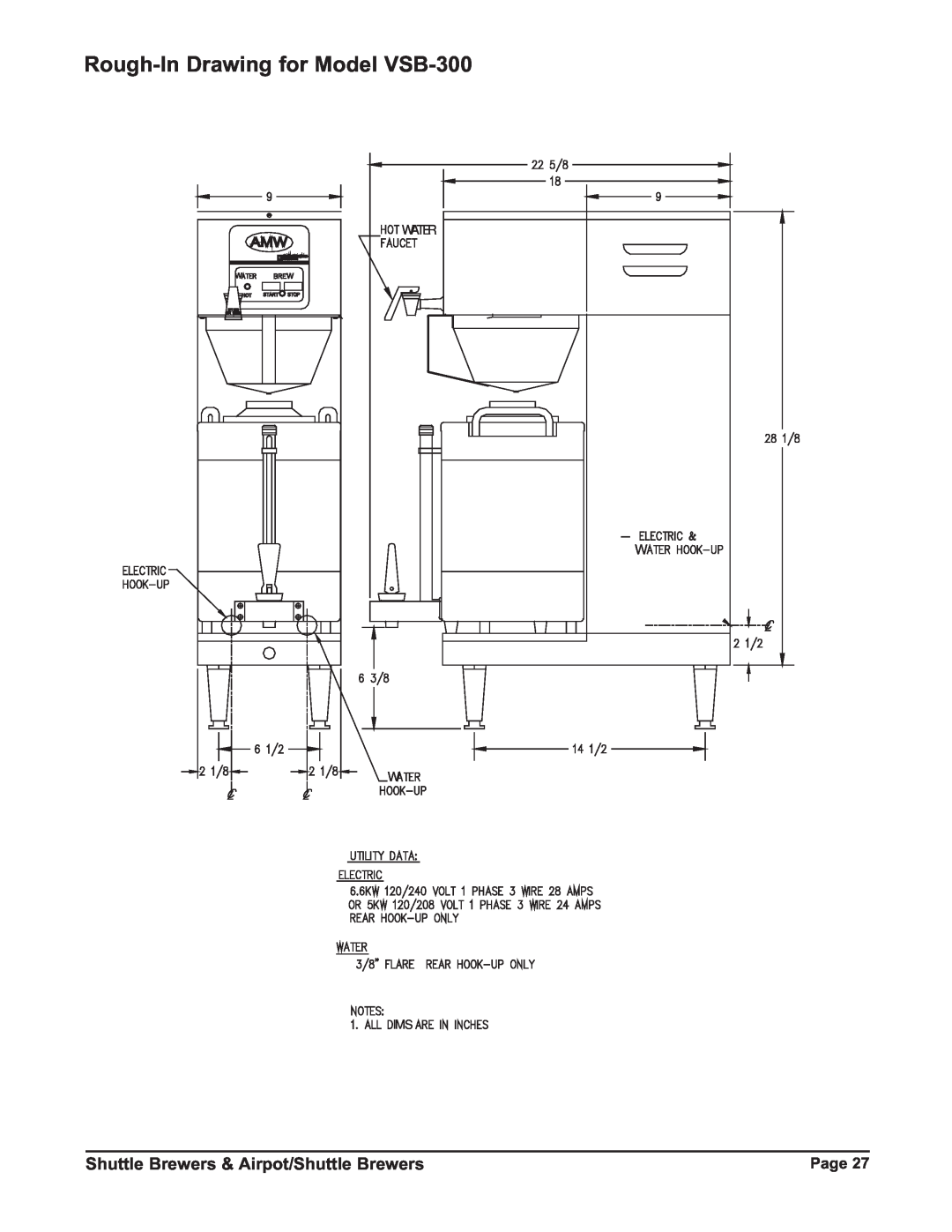 Grindmaster P400ESHP instruction manual Rough-In Drawing for Model VSB-300, Shuttle Brewers & Airpot/Shuttle Brewers, Page 
