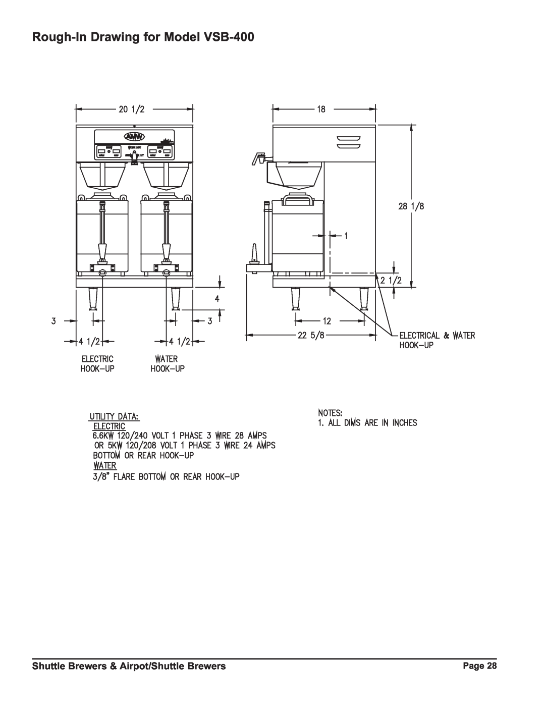 Grindmaster P400ESHP instruction manual Rough-In Drawing for Model VSB-400, Shuttle Brewers & Airpot/Shuttle Brewers 