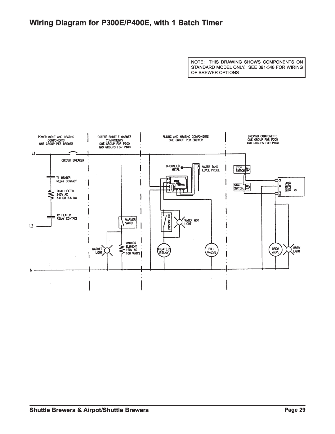 Grindmaster P400ESHP Wiring Diagram for P300E/P400E, with 1 Batch Timer, Shuttle Brewers & Airpot/Shuttle Brewers 