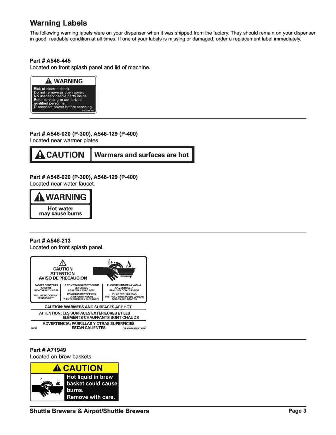 Grindmaster P400ESHP instruction manual Warning Labels, Shuttle Brewers & Airpot/Shuttle Brewers, Page 