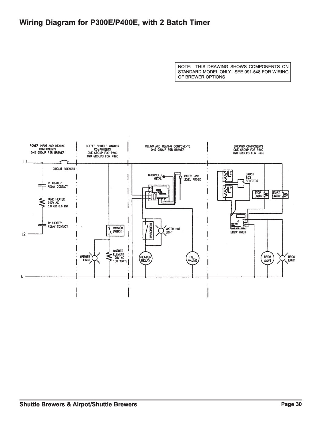 Grindmaster P400ESHP Wiring Diagram for P300E/P400E, with 2 Batch Timer, Shuttle Brewers & Airpot/Shuttle Brewers 