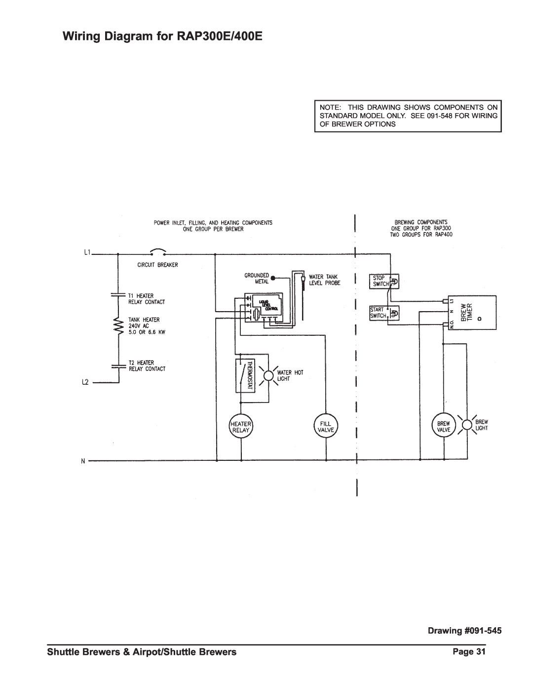 Grindmaster P400ESHP instruction manual Wiring Diagram for RAP300E/400E, Shuttle Brewers & Airpot/Shuttle Brewers 