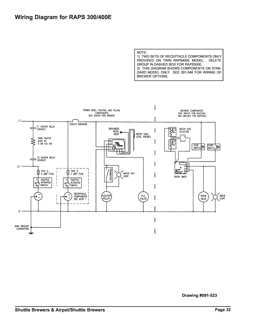 Grindmaster P400ESHP instruction manual Wiring Diagram for RAPS 300/400E, Shuttle Brewers & Airpot/Shuttle Brewers 