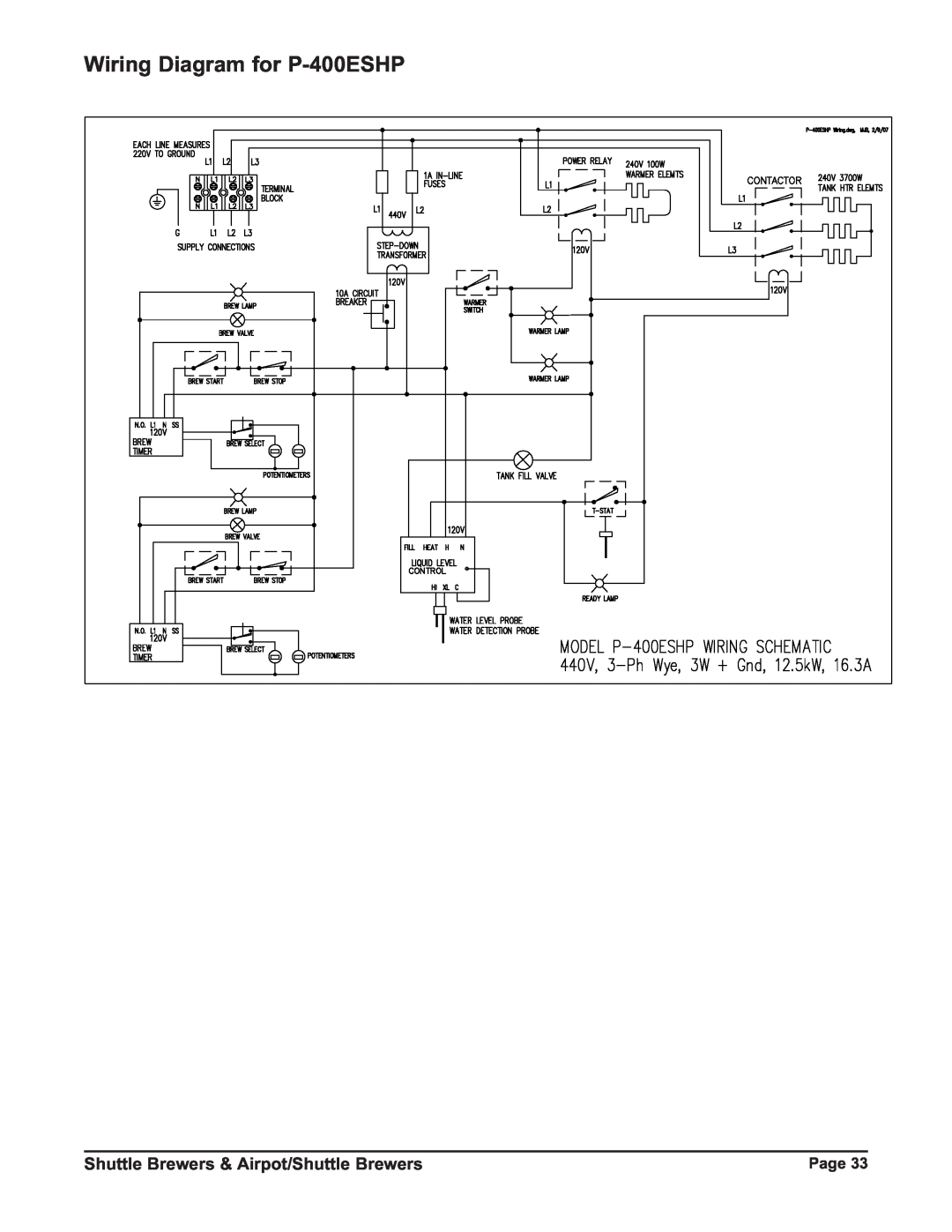 Grindmaster P400ESHP instruction manual Wiring Diagram for P-400ESHP, Shuttle Brewers & Airpot/Shuttle Brewers 