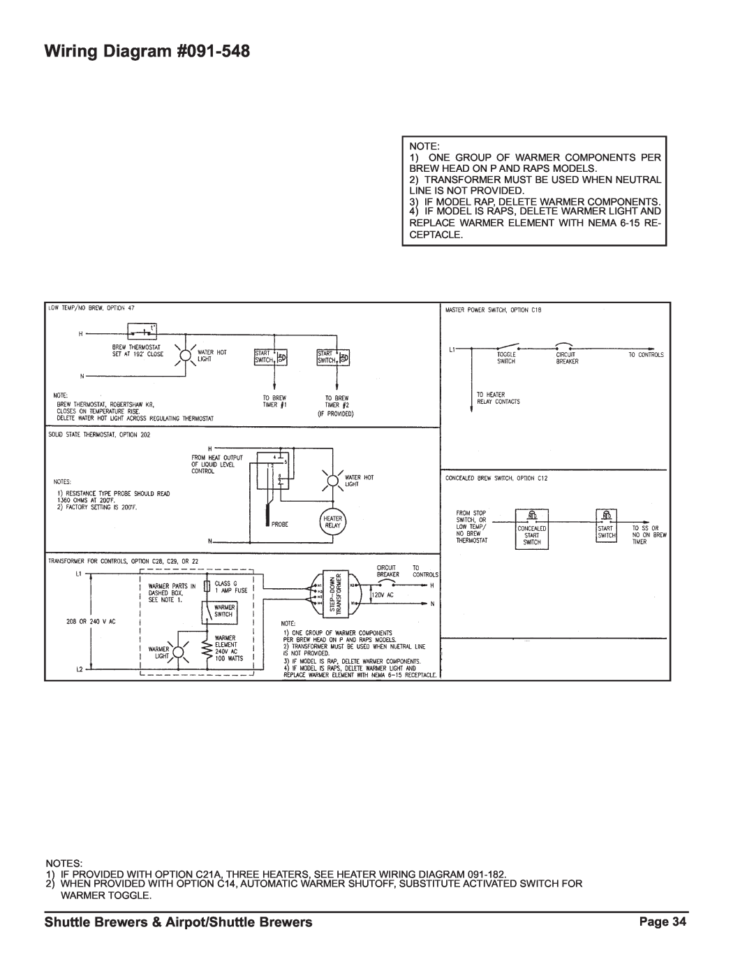 Grindmaster P400ESHP instruction manual Wiring Diagram #091-548, Shuttle Brewers & Airpot/Shuttle Brewers 