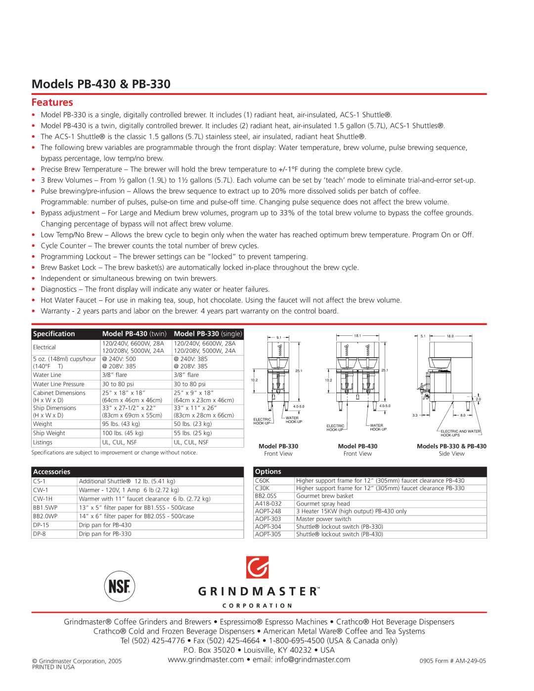 Grindmaster manual Specification Model PB-430 twin, Options, Model PB-330 single, Accessories 